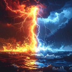 A dramatic ocean scene split between fire and ice. Lightning strikes across a stormy sky, crashing into tumultuous waves