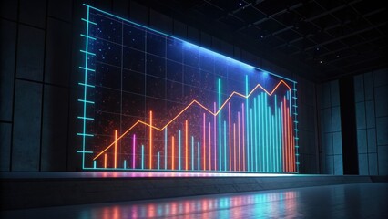A vibrant digital graph displays fluctuating data trends in neon colors against a dark background, reflecting modern technology and analytics.