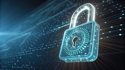 A digital lock symbolizing cybersecurity and data protection amidst a backdrop of binary data streams.