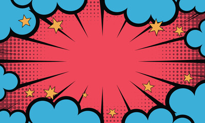 Comic book explosion burst with stars and clouds on a halftone dot background boom © Emon