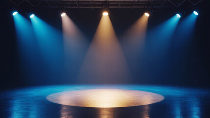 Spotlights Shining on Stage Area with Blue Background Showing Presentation Setup and Performance Lighting Concept