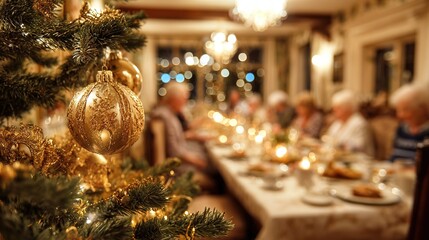 Foreground of beautifully decorated Christmas tree with golden ornaments and family at elegant holiday dinner table. Warm, festive atmosphere with blurred background figures