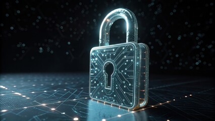 A digital lock with a circuit pattern stands against a dark background, symbolizing cybersecurity and data protection.
