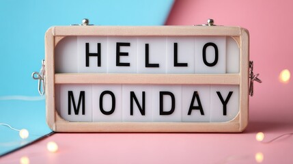 Illuminated sign displaying hello monday against a dual tone background