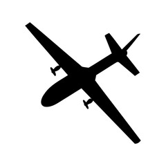 Silhouette of a twin engine propeller airplane flying on a white background