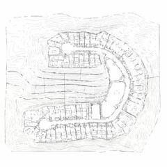 Obraz premium Architectural site plan sketch showing curved residential building layout with contour lines.