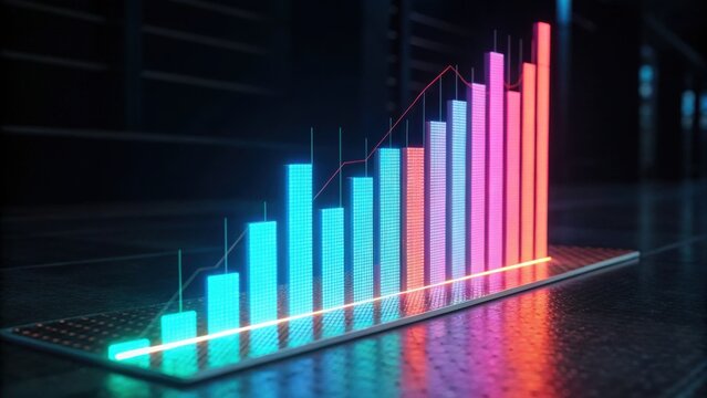 A vibrant, futuristic bar graph displays data trends with colorful bars and glowing lines, set against a dark background. - Powered by Adobe