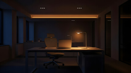 Modern office workspace with laptop and lamp at night, illuminated desk in empty room with warm lighting ambiance.