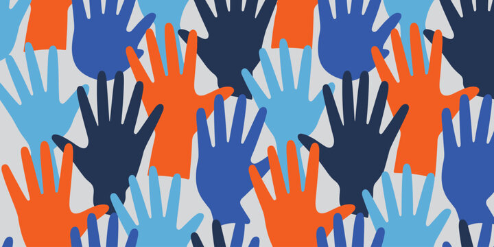 Seamless pattern of colorful raised hands in blue orange and dark blue on a light gray background Keywords: hands raised up, diversity, unity