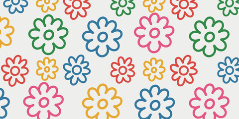 Seamless Pattern of Simple Outline Flowers in Various Bright Colors Keywords: floral, pattern, seamless, background, flowers, outline, simple