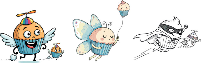 Flying Superhero Cupcake Mascot with Wings and Propeller Vector Illustration - Dessert, Party, Fast Delivery, and Cute Food Concept