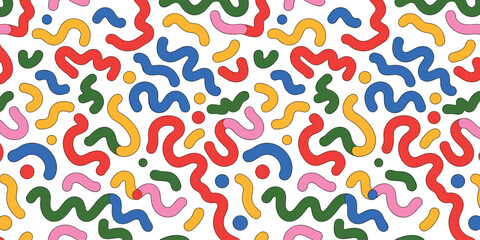 Vibrant Abstract Memphis Style Pattern with Wavy Shapes and Dots background graphic