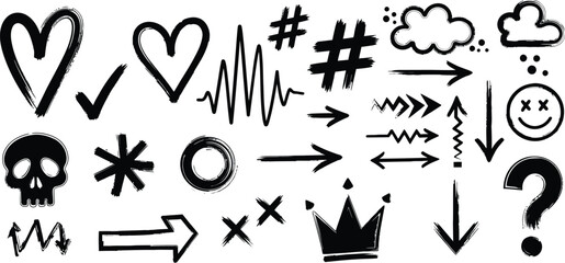 Black and White Doodle Icons Featuring Skull Heart Checkmark Hashtag and Question Mark