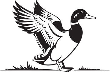 Detailed mallard duck standing on grass elegant wildfowl with spread wings illustration