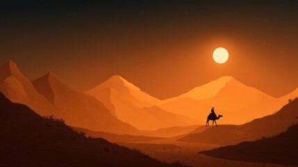 Fototapeta premium Desert sunset silhouette of a camel and rider under a bright sun