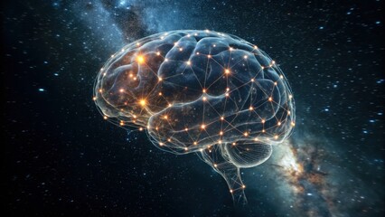 A digital representation of a brain interconnected with glowing nodes, set against a cosmic background, symbolizing intelligence and exploration of the mind.
