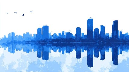 Blue city skyline silhouette with reflection against a transparent backdrop