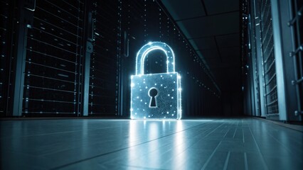 A glowing digital lock is positioned in a dark server room, symbolizing cybersecurity and data protection.