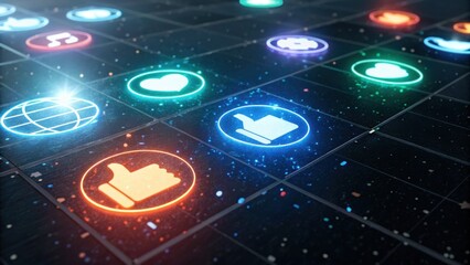 A vibrant display of social media icons illuminated against a dark background, symbolizing digital interactions and connectivity.