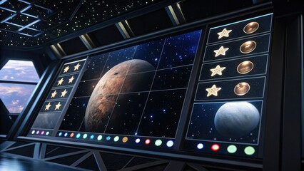 A futuristic control room featuring a large screen displaying celestial bodies and stars against a starry backdrop, evoking a sense of space exploration.