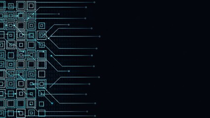 Abstract digital network background featuring intricate glowing square patterns and interconnected data lines, symbolizing advanced technology and complex information systems