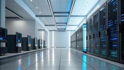 A modern server room featuring rows of high-tech servers with glowing lights, designed for efficient data processing and storage.