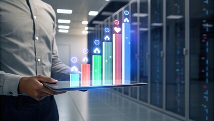 A professional holding a tablet displays digital graphs and statistics in a server room, showcasing data analytics and technology.