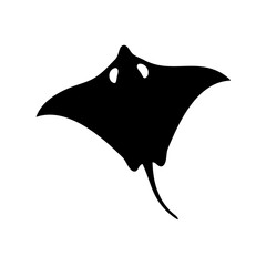Simple black silhouette drawing of a manta ray swimming in the ocean
