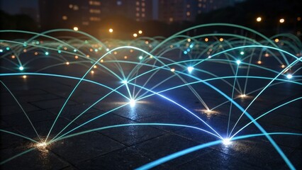 Obraz premium A visual representation of interconnected digital networks illuminated by glowing lines on a city street at night.