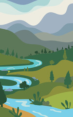 Mountain river landscape with blue sky and green hills