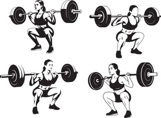 Set of athletic women performing squats with barbells for fitness and strength training