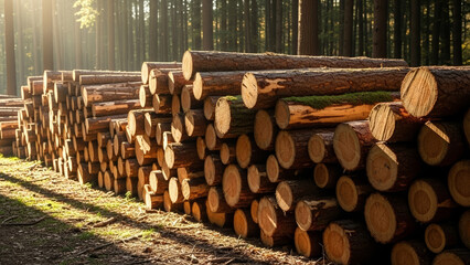 Stacks of Cut Timber Logs in Forest Storage Area with Sunlight, Industrial Lumber Harvesting and Forestry Resource Concept, Natural Outdoor Environment