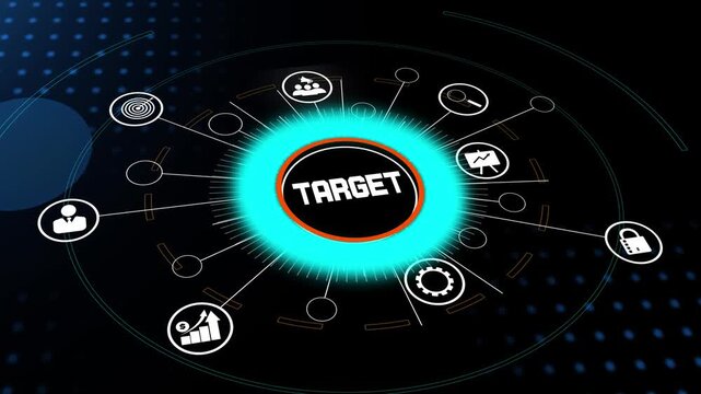 Marketing and sales target analysis on a futuristic user interface, defining corporate objectives and financial planning