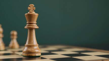 Wooden chess king standing on a checkered board with blurred pawns behind