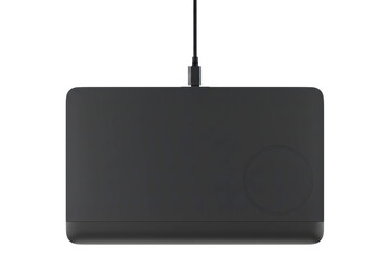 Black wireless charging pad for multiple electronic devices isolated on a transparent background