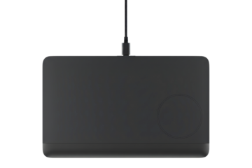 Black wireless charging pad for multiple electronic devices isolated on a transparent background