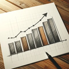 A drawn graph depicting upward growth. Black ink bars and line are on graph paper. The image is on a wood background