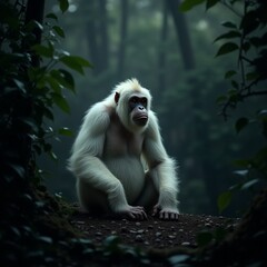 AI generated Serene whitecoated gorilla stands calmly amidst hazy forest landscape