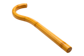 Curved handle of a light brown bamboo walking cane for support isolated on a transparent background