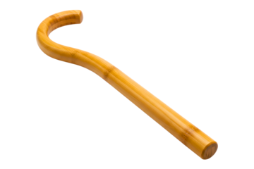 Curved handle of a light brown bamboo walking cane for support isolated on a transparent background