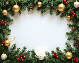 Christmas Pine Frame with Golden Ornaments