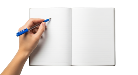 Hand holding blue pen writing on blank notebook pages isolated on a transparent background