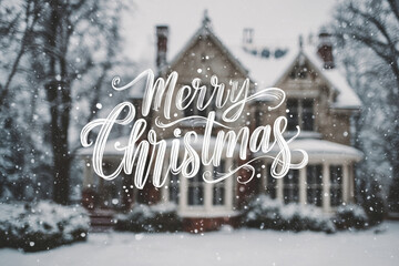 Elegant Merry Christmas calligraphy overlay on charming winter house scene with snow covered landscape