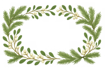 Christmas winter wreath with mistletoe berries and pine tree branches forming an oval frame, transparent background
