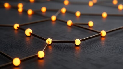 Abstract depiction of interconnected glowing nodes and lines set against a dark textured background reflecting modern technology and innovation themes.