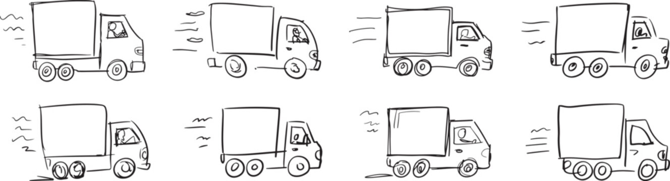 Set of eight hand-drawn doodle delivery trucks driving fast on shipping route