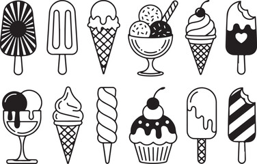 Collection of various ice cream treats popsicles cones and sundaes in different styles