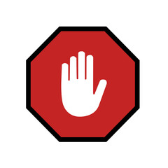 Obraz premium red octagonal stop sign with white hand gesture icon, minimalist warning and safety symbol isolated on white background