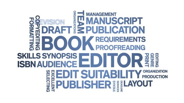 Book Editor animated word cloud-text design animation tag kinetic typography seamless loop.