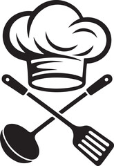 Chef hat with crossed kitchen utensils ladle and spatula for cooking or restaurant themes